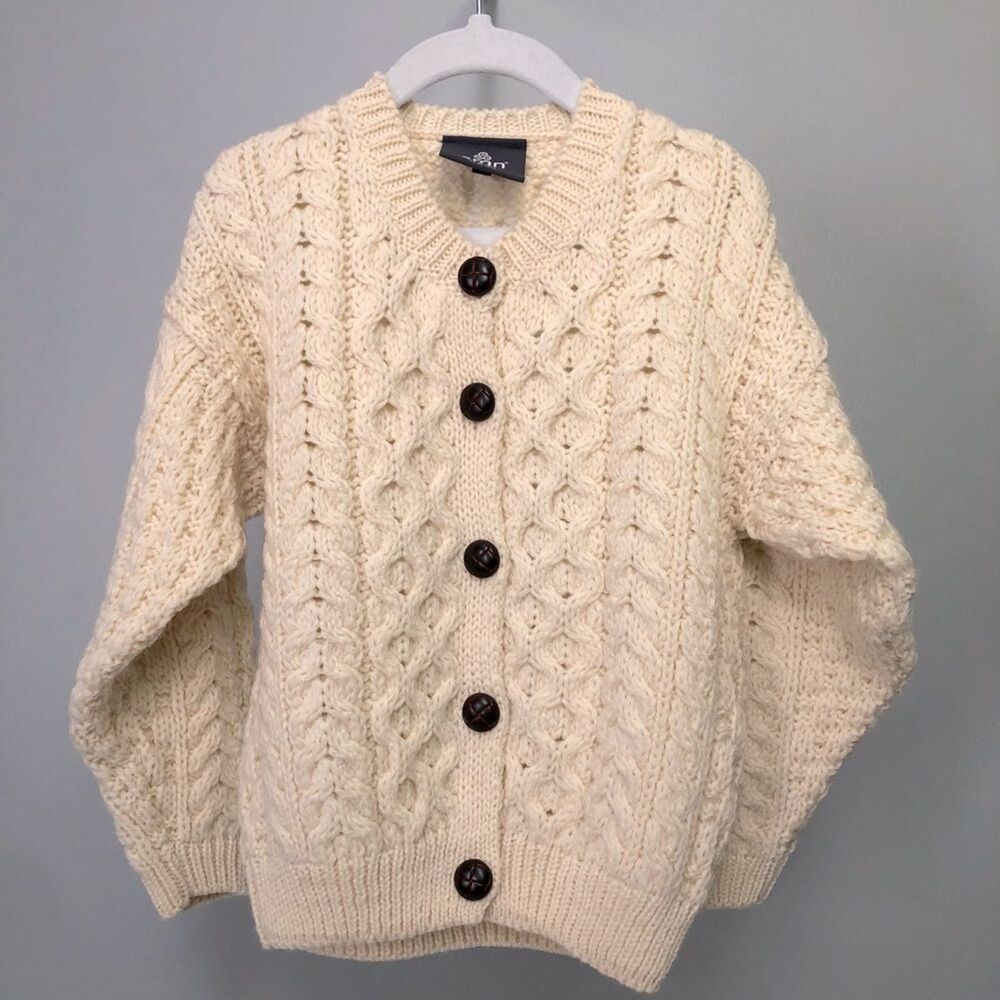 Aran Merino Wool Knit Medium 5-6y Cardigan Cream Soft Sweater Crewneck Lux